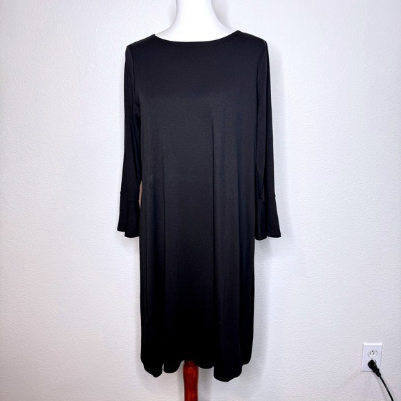 Eileen Fisher Dresses & Skirts - EILEEN FISHER Midi Lyocell Dress Petite LG Black 3/4 Bell Sleeves Boat Neck Ltwt
